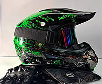 Кроссовый мото шлем Helmo green gloss c очками перчатками и бафом в комплекте