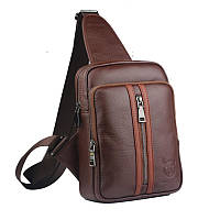 Стильный мужской рюкзак-моношлейка из кожи BULL T1357 коричневый хорошее качество