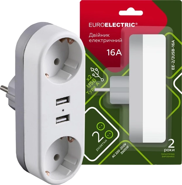 EUROELECTRIC Двійник с заземленням + 2USB 16A, фото 1