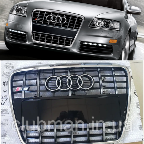 Решітка радіатора AUDI (Ауді) A6 С6 (2004-2011) Хром рамка та ребра, чорний глянець сітка, хром логотип, стиль S6