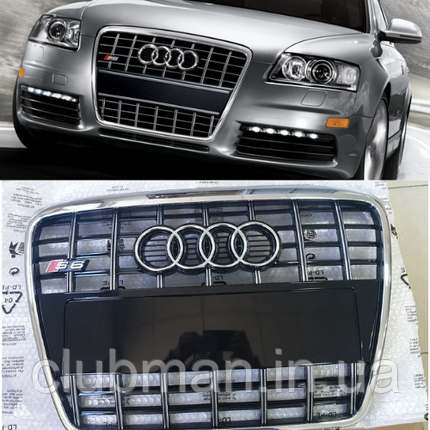Решітка радіатора AUDI (Ауді) A6 С6 (2004-2011) Хром рамка та ребра, чорний глянець сітка, хром логотип, стиль S6, фото 1