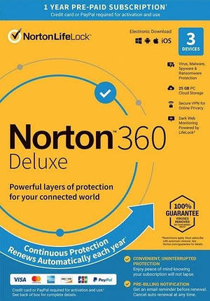 Norton 360 Deluxe Antivirus 25 ГБ на 3 пристрої на 1 рік Україна, фото 1