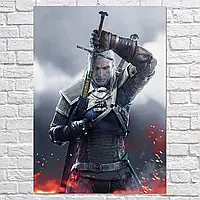 Плакат "Ведьмак Геральт вытаскивает меч, Witcher", 60×43см