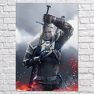 Плакат "Відьмак Геральт витягує меч, Witcher", 60×43см