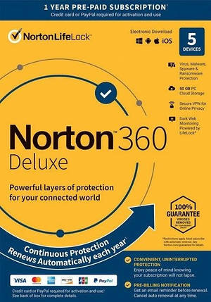 Антивірус Norton 360 Deluxe 50 ГБ на 5 пристроїв, на 1 рік Україна, фото 1