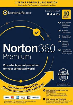 Антивірус Norton 360 Premium 75 ГБ на 10 пристроїв на 1 рік Україна, фото 1
