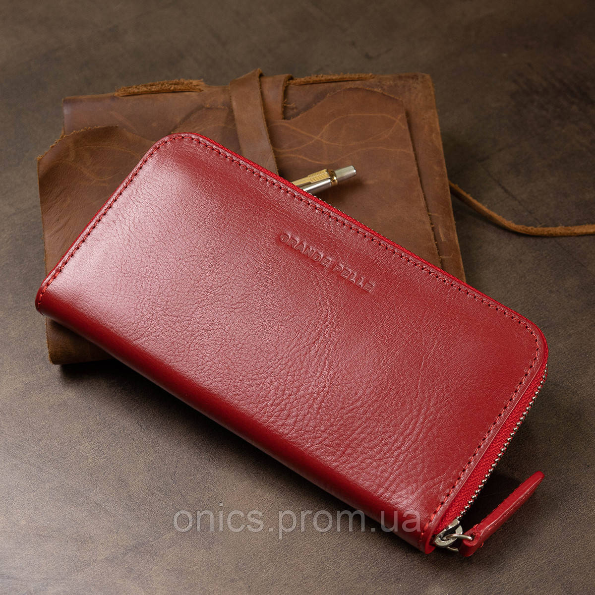 Стильный кожаный женский кошелек на молнии GRANDE PELLE 11563 Красный хорошее качество - фото 9 - id-p1946691072
