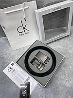 Мужское кожаный ремень с двумя пряжками Calvin Klein в подарочной упаковке