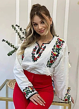 Вишиванка жіноча біла з мереживом Esq, стильна вишита блузка гладдю з довгим рукавом