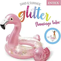 Надувной круг детский для плавания цветной Розовый Фламинго с блестками Intex для девочки 9 лет до 60 кг zin