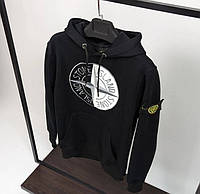 Stone Island черная худи на флисе теплая мужская брендовая кофта Стоун Айленд Коттон