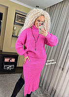 Теплый костюм вязаный юбка миди с резинкой и свитер с высоким воротником (р. 42-46) 90ks3025 Розовый