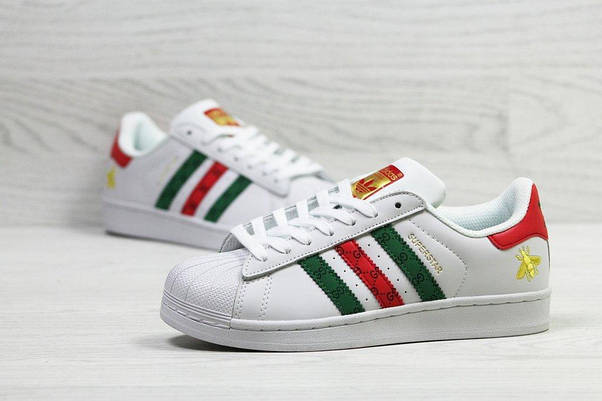 Кросівки адідас суперстар ADIDAS SuperStar Gucci білі з кольоровими рисочками екошкіра, фото 4