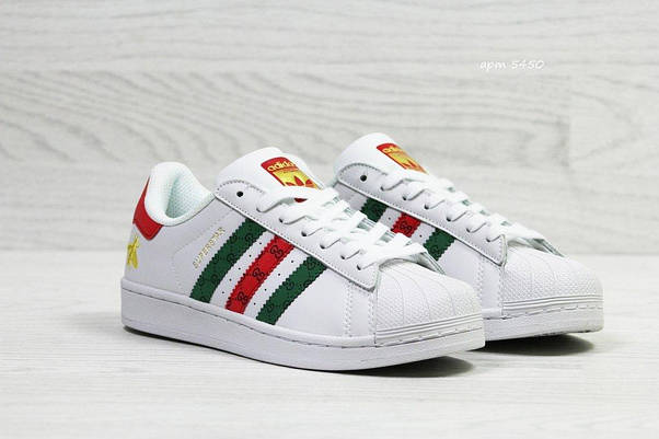 Кросівки адідас суперстар ADIDAS SuperStar Gucci білі з кольоровими рисочками екошкіра, фото 3