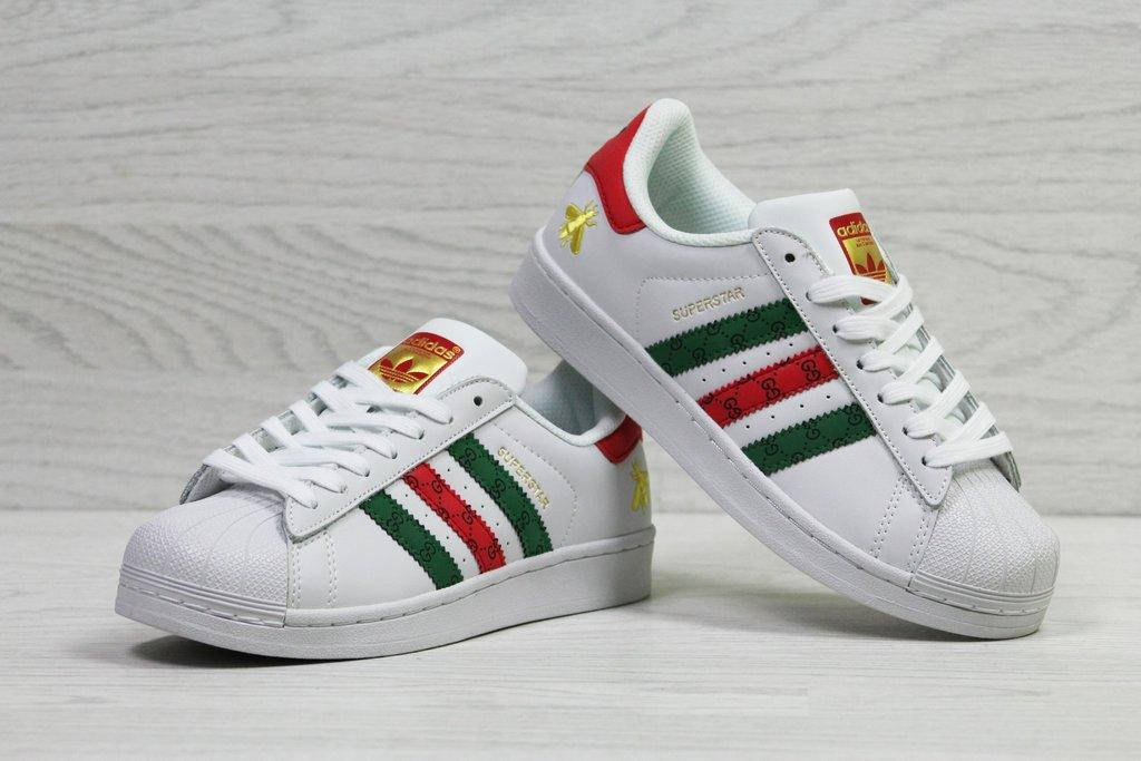 Кросівки адідас суперстар ADIDAS SuperStar Gucci білі з кольоровими рисочками екошкіра, фото 1