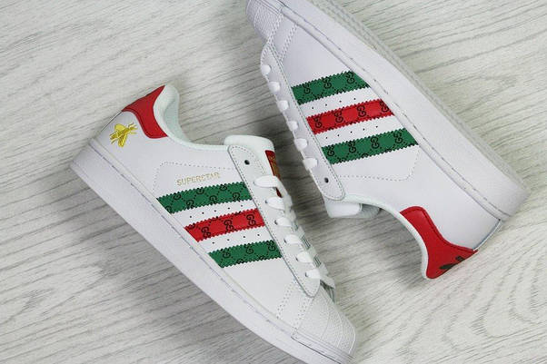 Кросівки адідас суперстар ADIDAS SuperStar Gucci білі з кольоровими рисочками екошкіра, фото 5