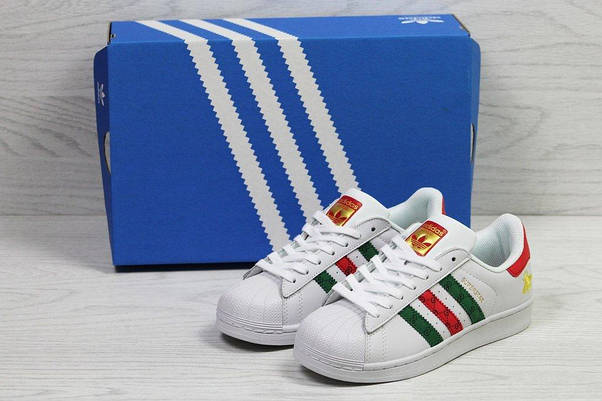 Кросівки адідас суперстар ADIDAS SuperStar Gucci білі з кольоровими рисочками екошкіра, фото 6