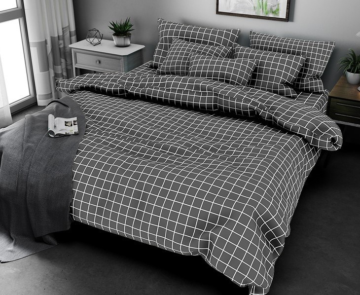Полуторний комплект з простирадлом на резинці 100х190х20, принт: Клітинка сіра мала