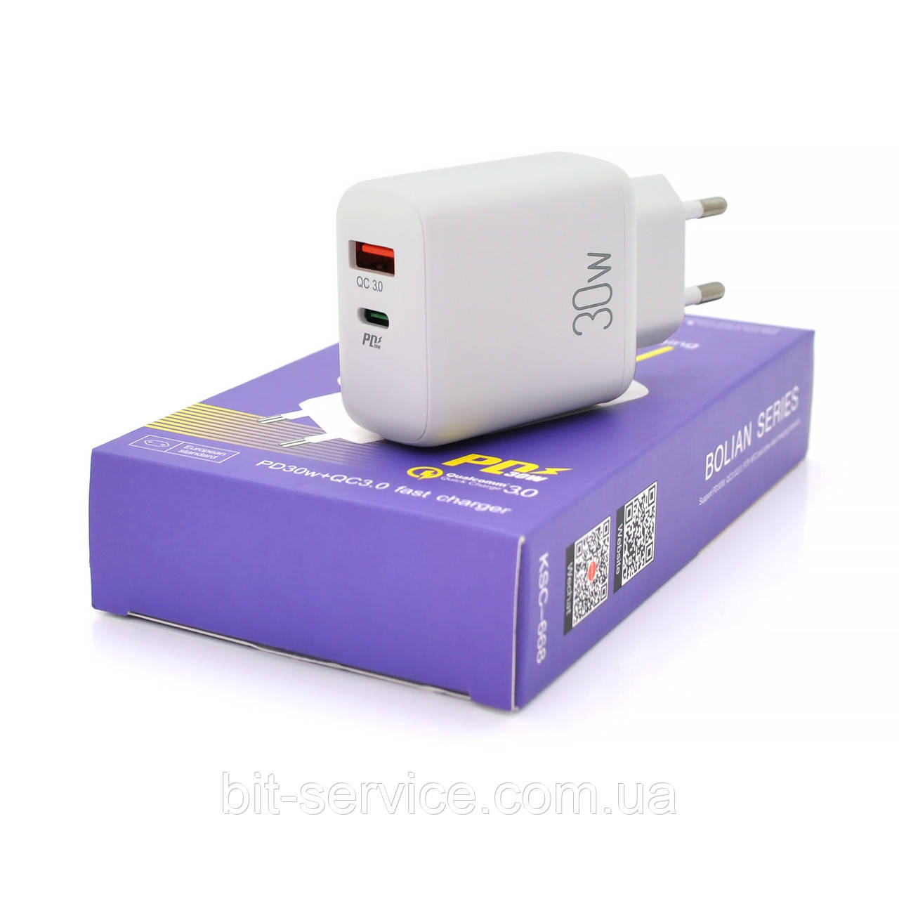 СЗУ AC100-240V iKAKU KSC-668 BOLIAN PD30W+QC3.0 Dual Port charger, White, Box