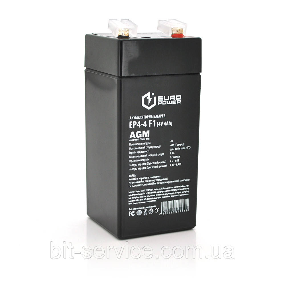 Акумуляторна батарея EUROPOWER AGM EP4-4F1 4 V 4 Ah ( 47 x 47 x  100 (105) )  Black Q30