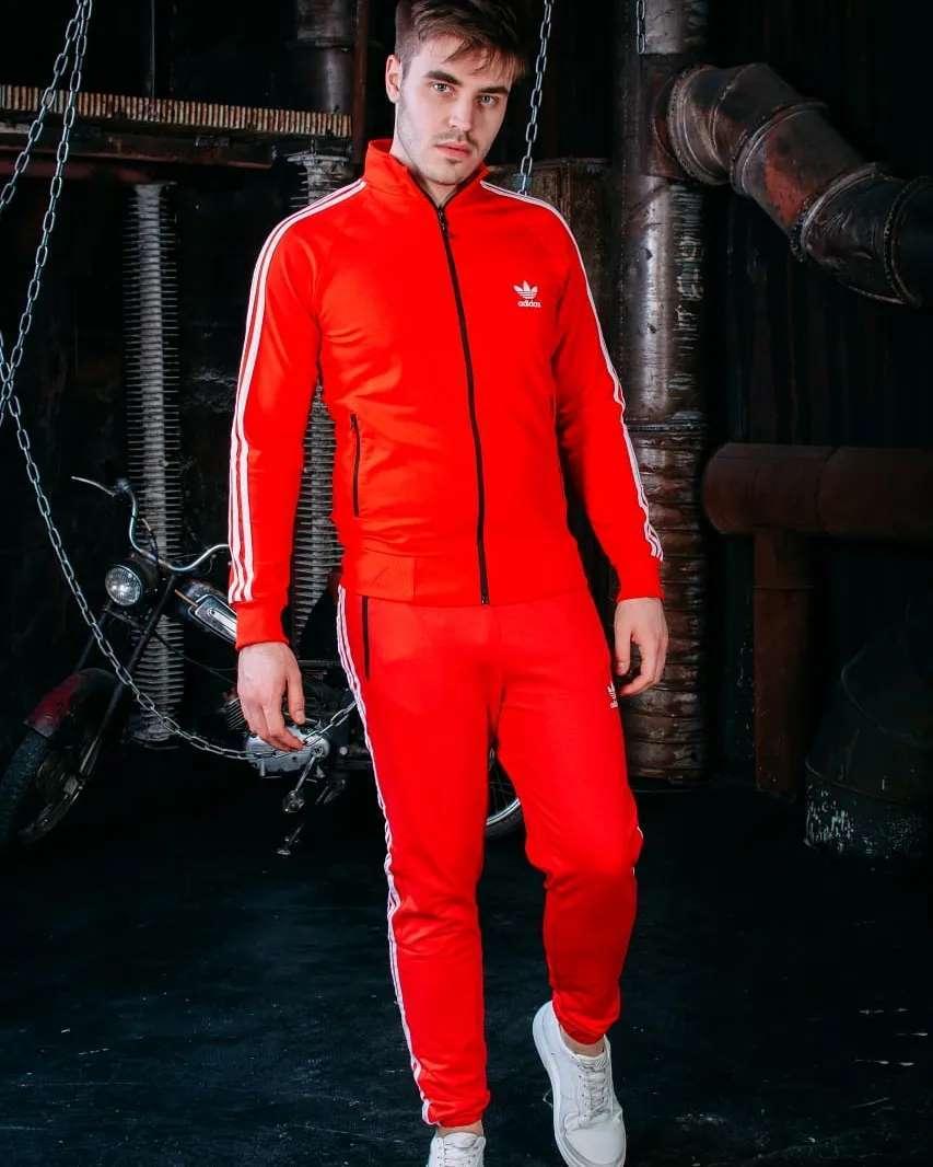 Крутой спортивный костюм Adidas красный двухнитка с лампасом Турецкие спортивные костюмы для мужчин - фото 5 - id-p1947039404