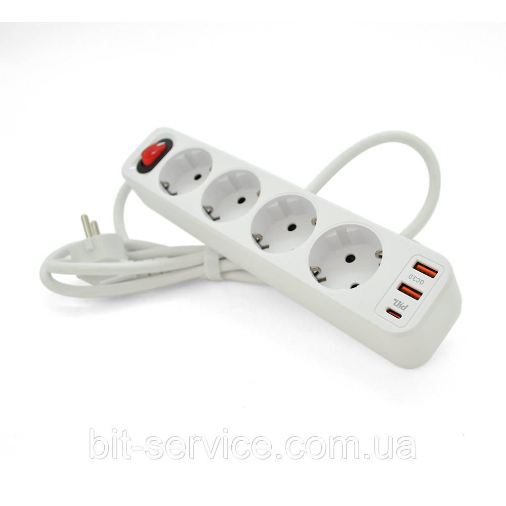 Мережевий фільтр HOCO NS1 на 4 розетки + 3 USB, 18W, 220В, White