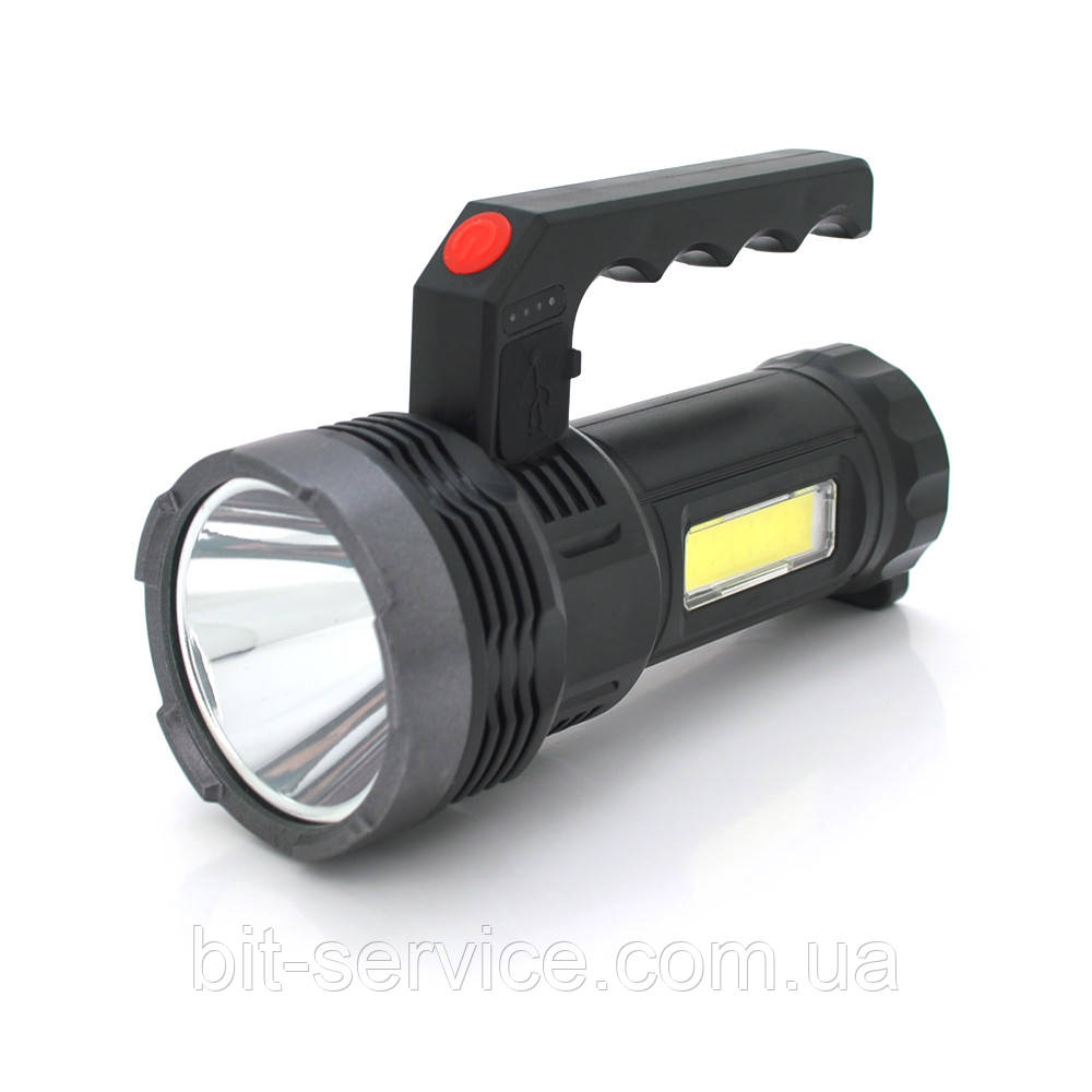 Ліхтар пошуковий USHL-828, 1LED T6+COB, 3W, 3+1 режими, 1200mah, Black, IP40, USB кабель+Solar, 150х60х90мм,