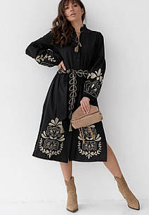 Сукня вишиванка чорна з бежевою вишивкою, жіноча вишита бавовняна сукня з довгим рукавом