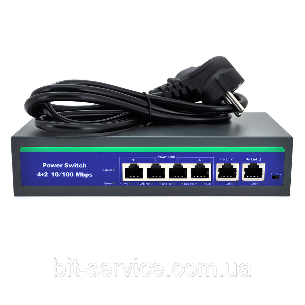 Комутатор POE 48V з 4 портами POE 100 Мбіт + 2 порт Ethernet (UP-Link) 100 Мбіт, корпус — метал, Black, БЖ