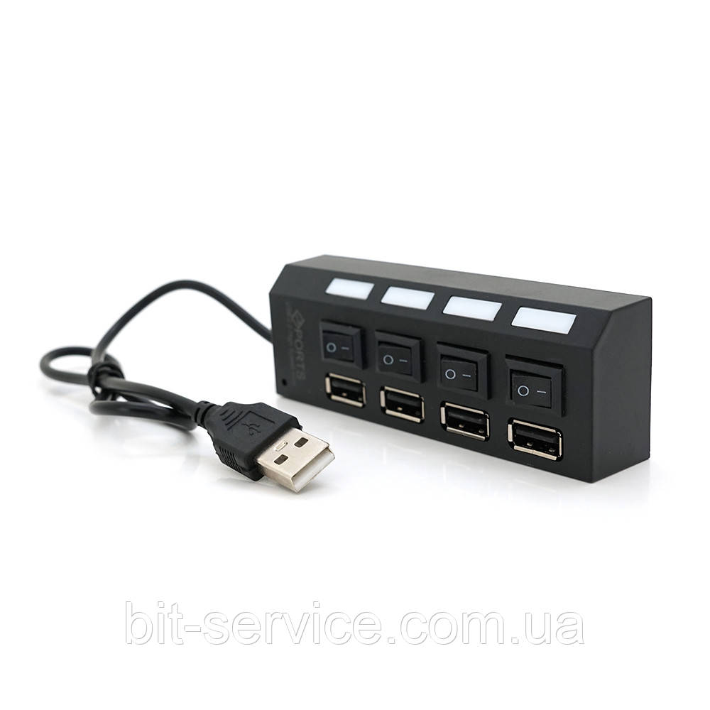 Хаб USB 2.0 4 порту з перемикачами на кожен порт, Black, 480Mbts High Speed, підтримка до 0,5ТВ, живлення від