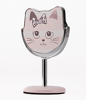Зеркальце детское косметическое на подставке, зеркало Кошечка розовая бант высота 14 см для девочки настольное