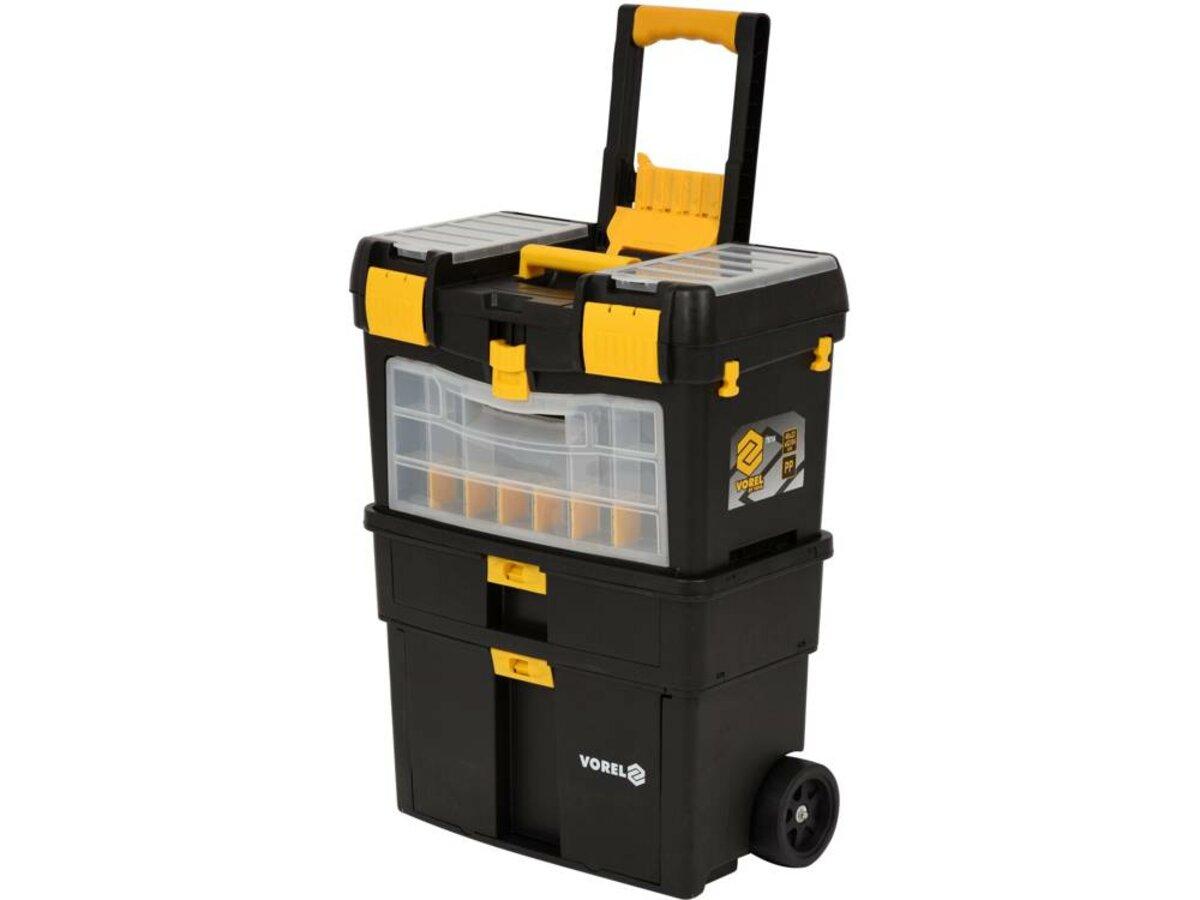Ящик для інструментів на 2 колесах з ручкою пластиковий VOREL: 3 секції, 46х22х62/84 см, знімн орга, фото 1