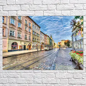 Плакат "Львів, Площа Ринок, трамвай біля Ратуші, Lviv", 40×60см