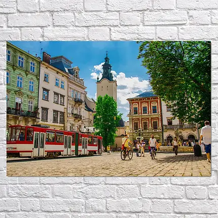 Плакат "Львів, Площа Ринок, трамвай і фонтан, Lviv", 40×60см, фото 2
