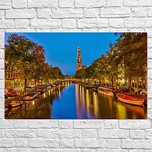 Плакат "Нідерланди, Амстердам, човни та відображення у воді, Amsterdam, Netherlands", 40×60см