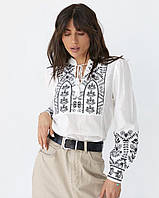 Вишиванка жіноча біла з чорною вишивкою, блузка ESQ 5400 в етно стилі з довгим рукавом