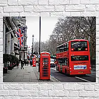 Плакат "Англия, Лондон, красный автобус у телефонной будки, London, England", 43×60см