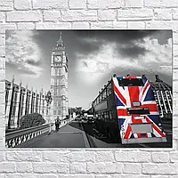 Плакат "Англия, Лондон, автобус с флагом и вид на Биг Бэн, London, England", 43×60см