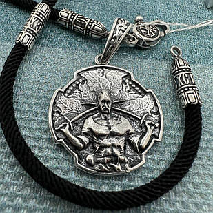 Кулон Козак із шаблями та чорний шовковий шнурок зі вставками із срібла 925 проба
