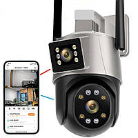 Уличная охранная поворотная WIFI камера наблюдения Besder P8Q 4MP с 2 объективами. iCSee