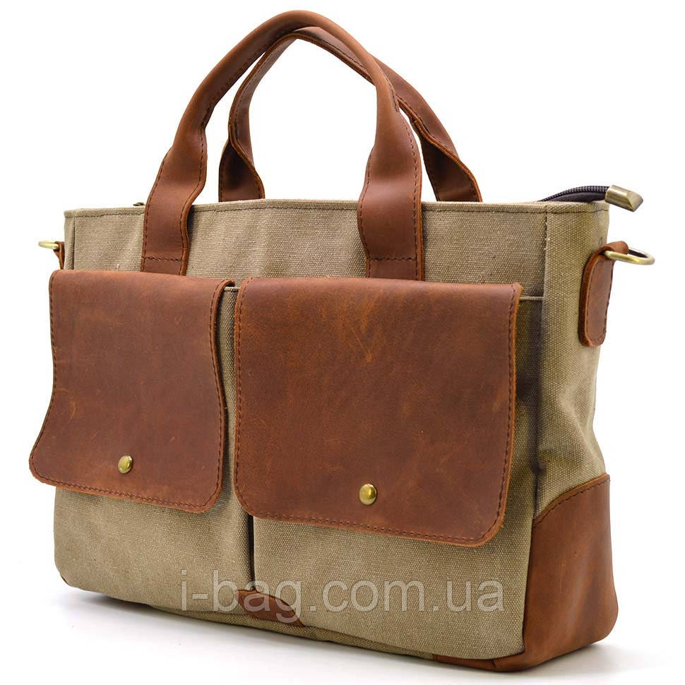 Чоловіча сумка з канвасу та кінської шкіри TARWA RbSc-3990-3md коньяк