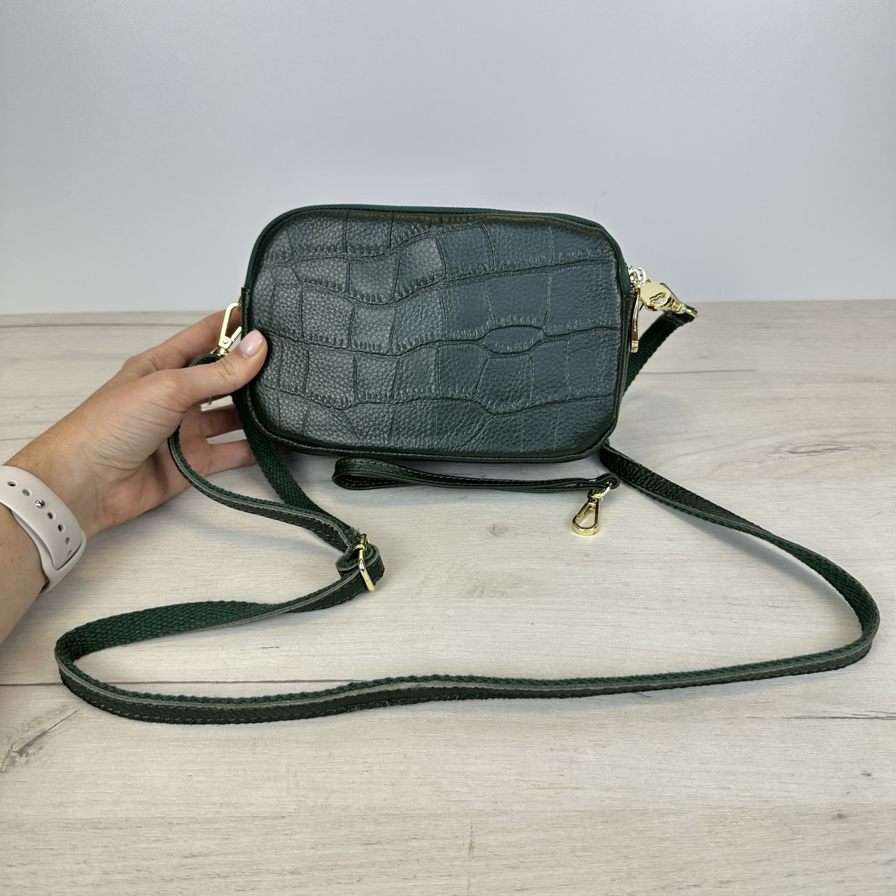 Міні шкіряна сумка ремінець через плече фактура крокодил С39-КТ-4218 Зелена, фото 1