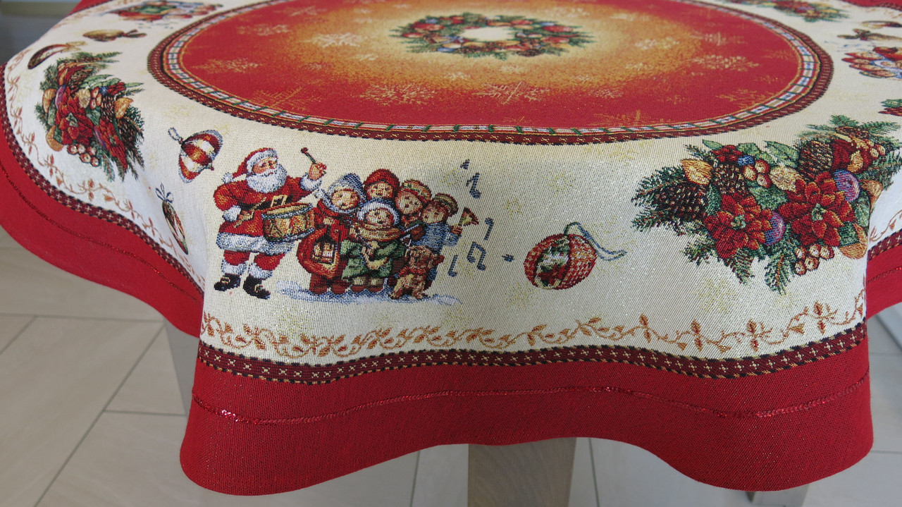 Червона Новорічна скатертина на круглий стіл гобеленова святкова скатертина для круглого столу з Різдвяним малюнком