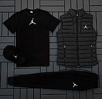 (п) ФЛІС Комплект із жилеткою Jordan (футболка чорна + кипка + жилетка + штани)
