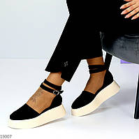 Женские открытые туфли на светло-бежевой платформе и ремешке замшевые черные Amethyst