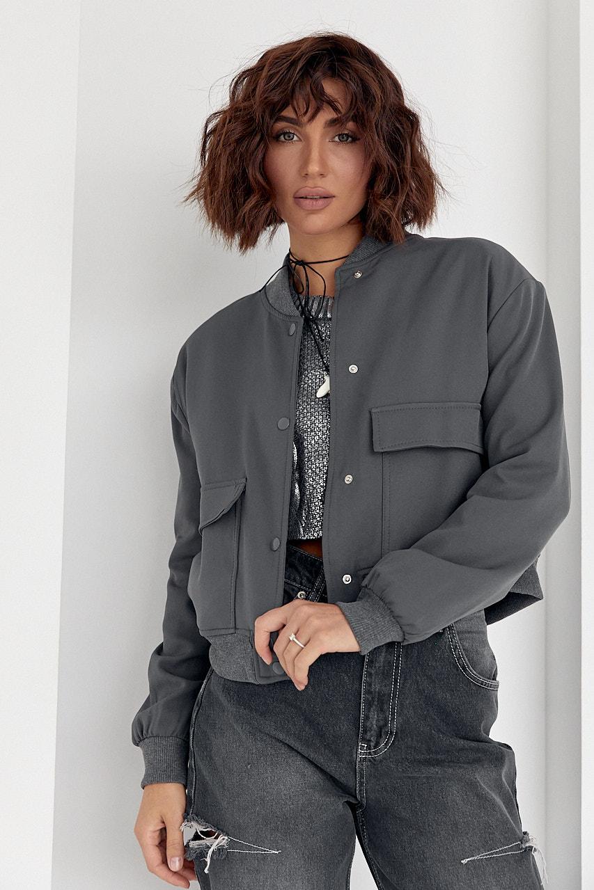 Жіноча куртка-бомбер з накладними кишенями - сірий колір, S (є розміри), фото 1