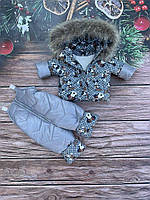 Зимний костюм на девочку из материала плащевка серого цвета с мультяшным принтом р. 80-104