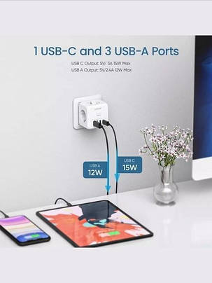 Lencent трійник 3 USB, Type-C, 3 розетки. Мережевий фільтр. Швидке заряджання. 7 в 1., фото 3