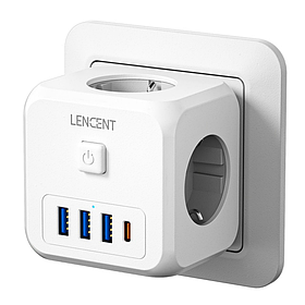 Lencent трійник 3 USB, Type-C, 3 розетки. Мережевий фільтр. Швидке заряджання. 7 в 1.