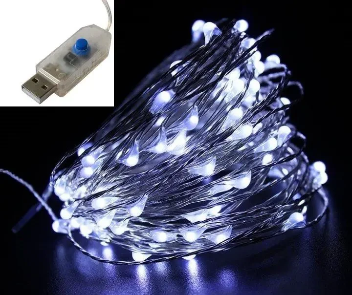 Світлодіодна гірлянда 20 метрів 200 LED USB дріт, гірлянда від юсб, 8 режимів, холодний білий